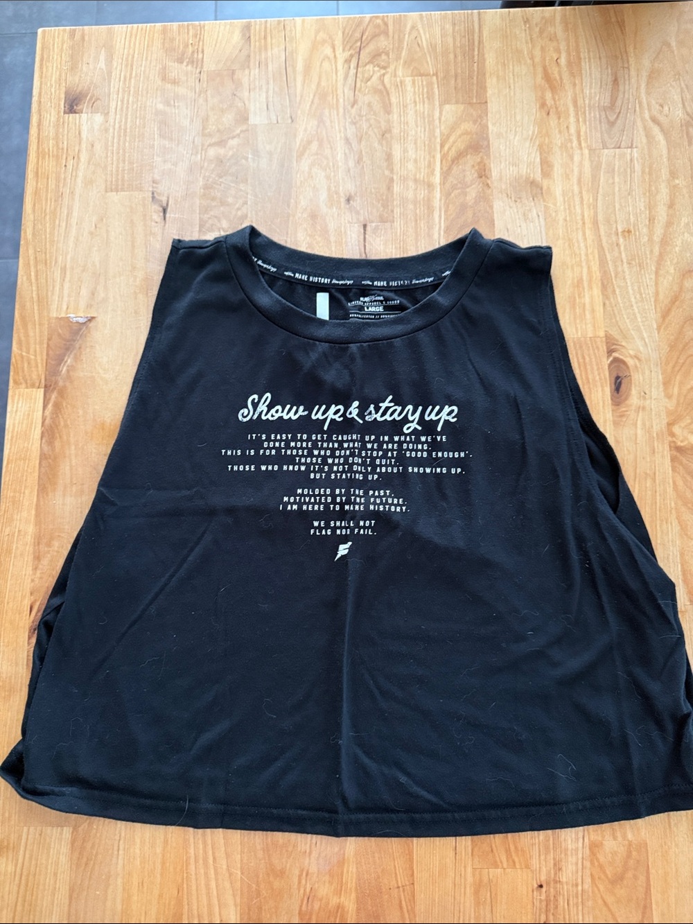 flag nor fail Black Graphic Crop Tank with White Script